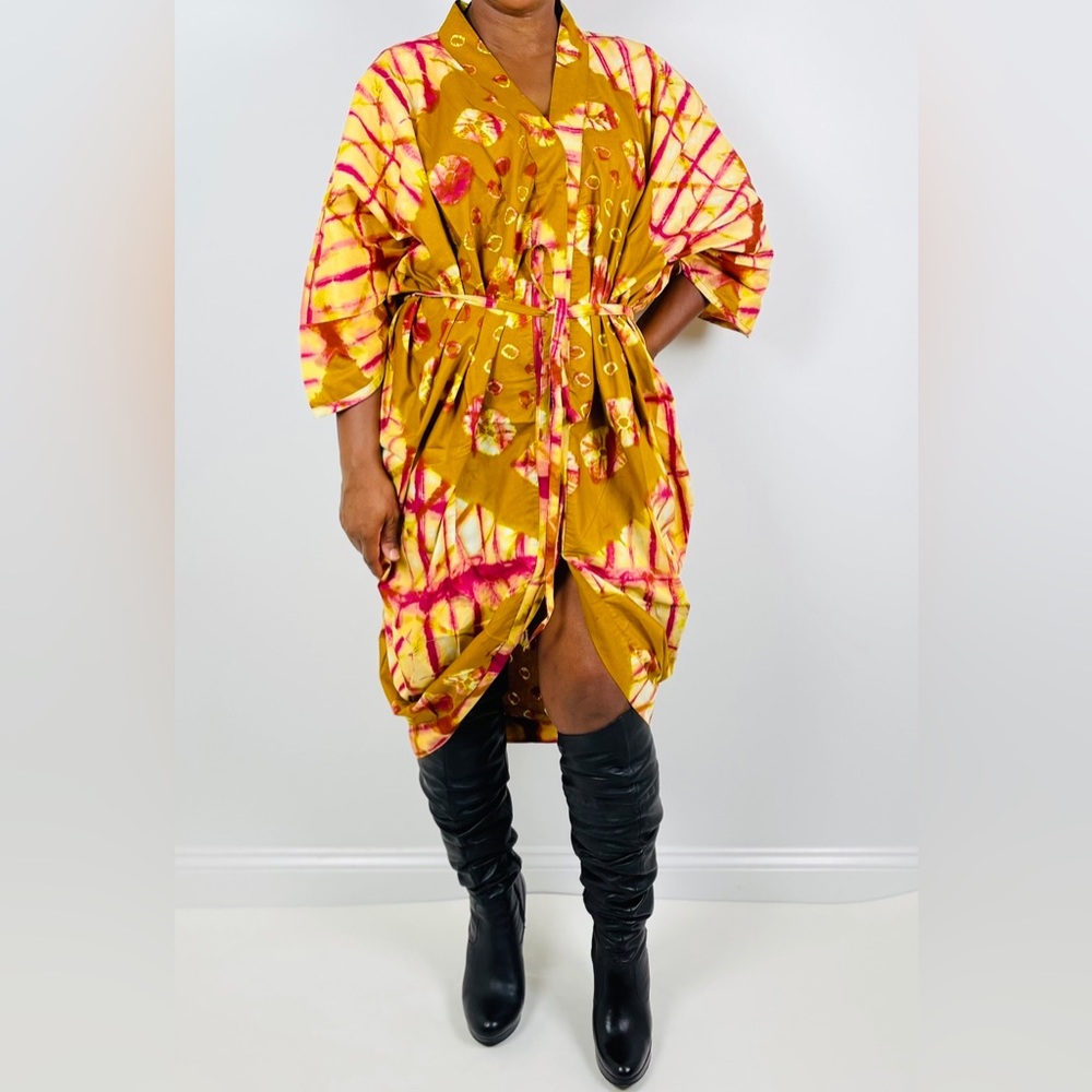 African Print Ankara Tie Dye Multicolor Belted Midi Shirt Cardigan Kimono Dress - Picture 3 of 4